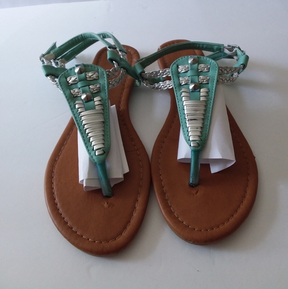 Shoes - Aqua,Silver Slingback Sandals,Braided Double Silver/Aqua Straps/Buckles